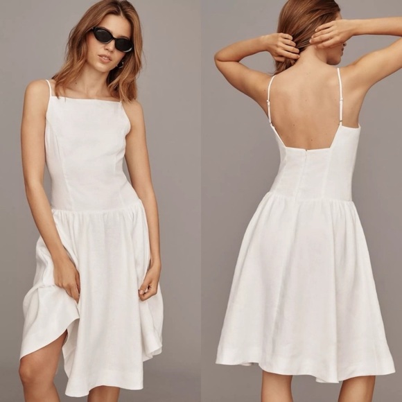 Reformation Dresses & Skirts - NWT Reformation Clarabelle Linen Drop Waist A Line Square Neck Midi Dress White